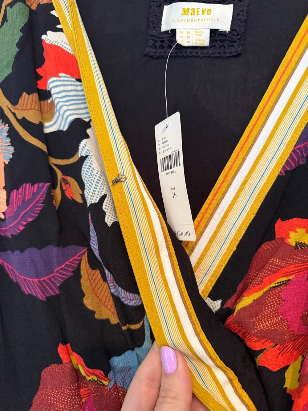 Anthropologie Black Floral Midi Dress with Mustard Trim - Picture 2 of 3